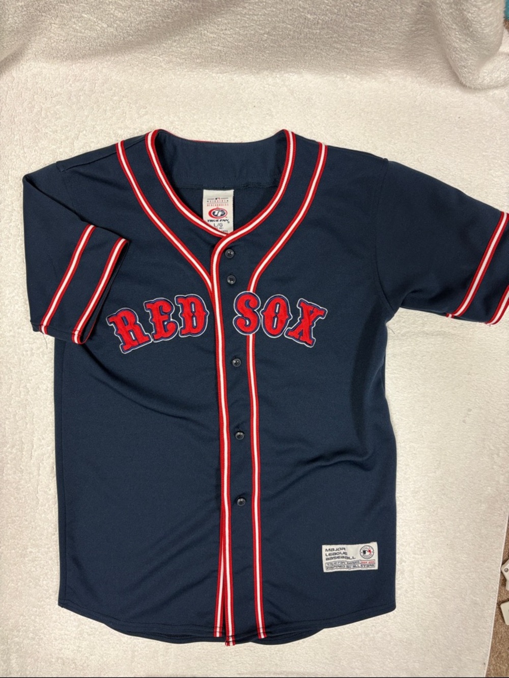 True fan Navy Boston Red Sox Baseball Jersey boys large 12/14